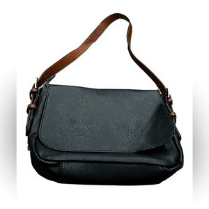 Joy Susan Leather Purse, Black and Brown, Zip Closure, Adjustable Strap, NEW